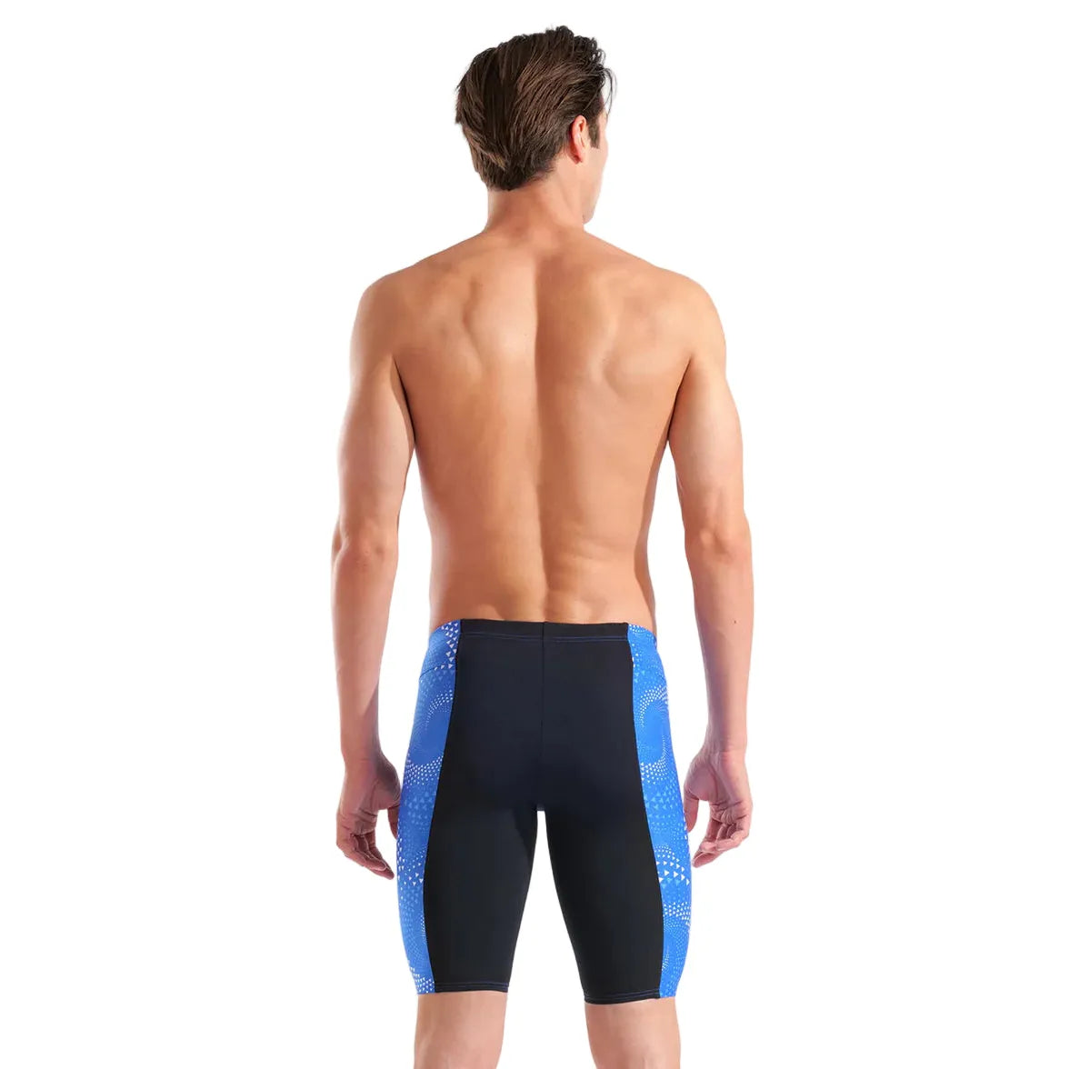 Man wearing black and blue swim shorts on a white background