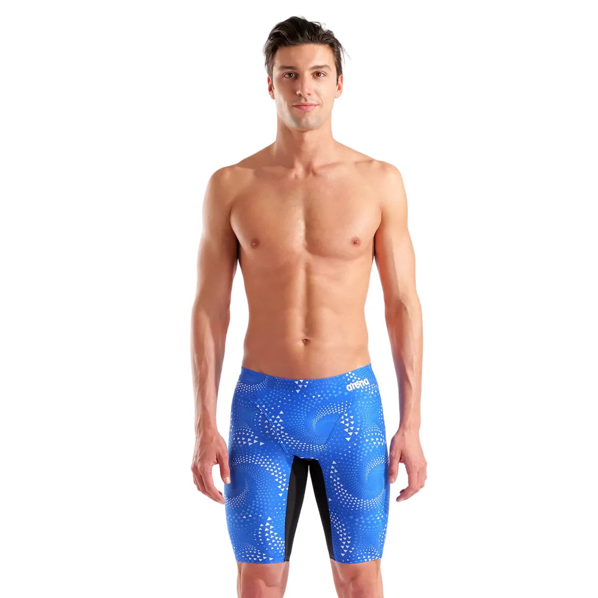 Man wearing blue swim shorts with a white pattern on a white background