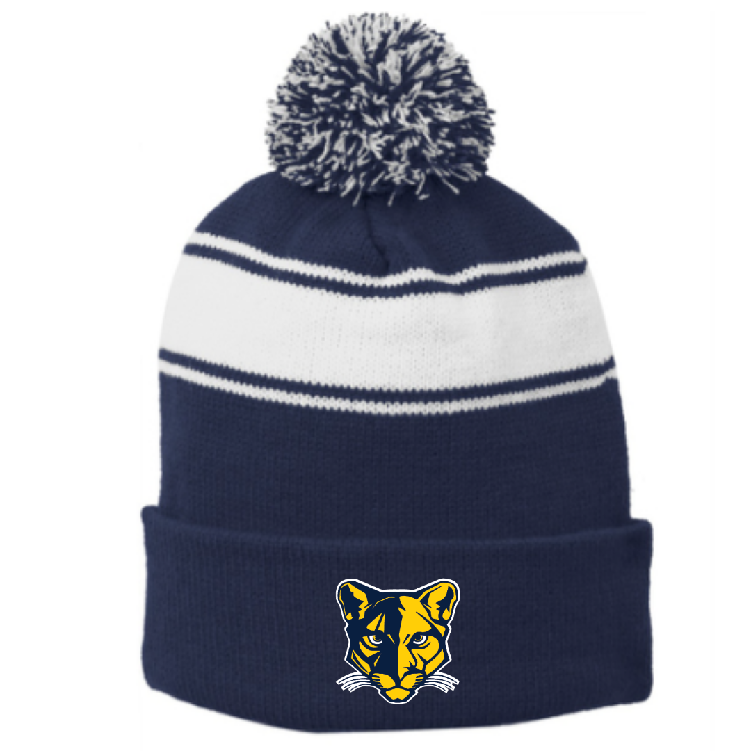 Striped Puff Ball Beanie (Embroidered) - Carmel Christian HS