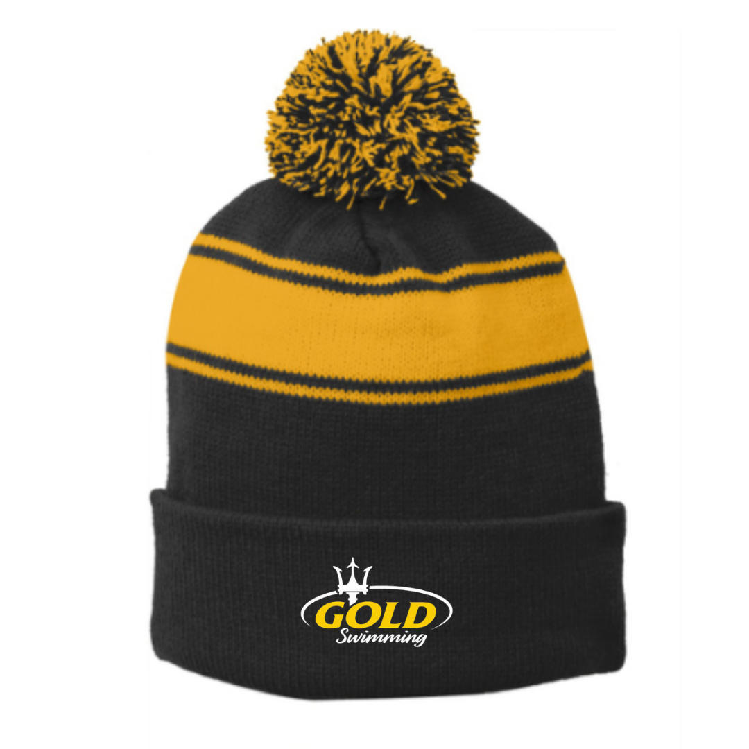Striped Puff Ball Beanie (Embroidered) - Chattahoochee Gold