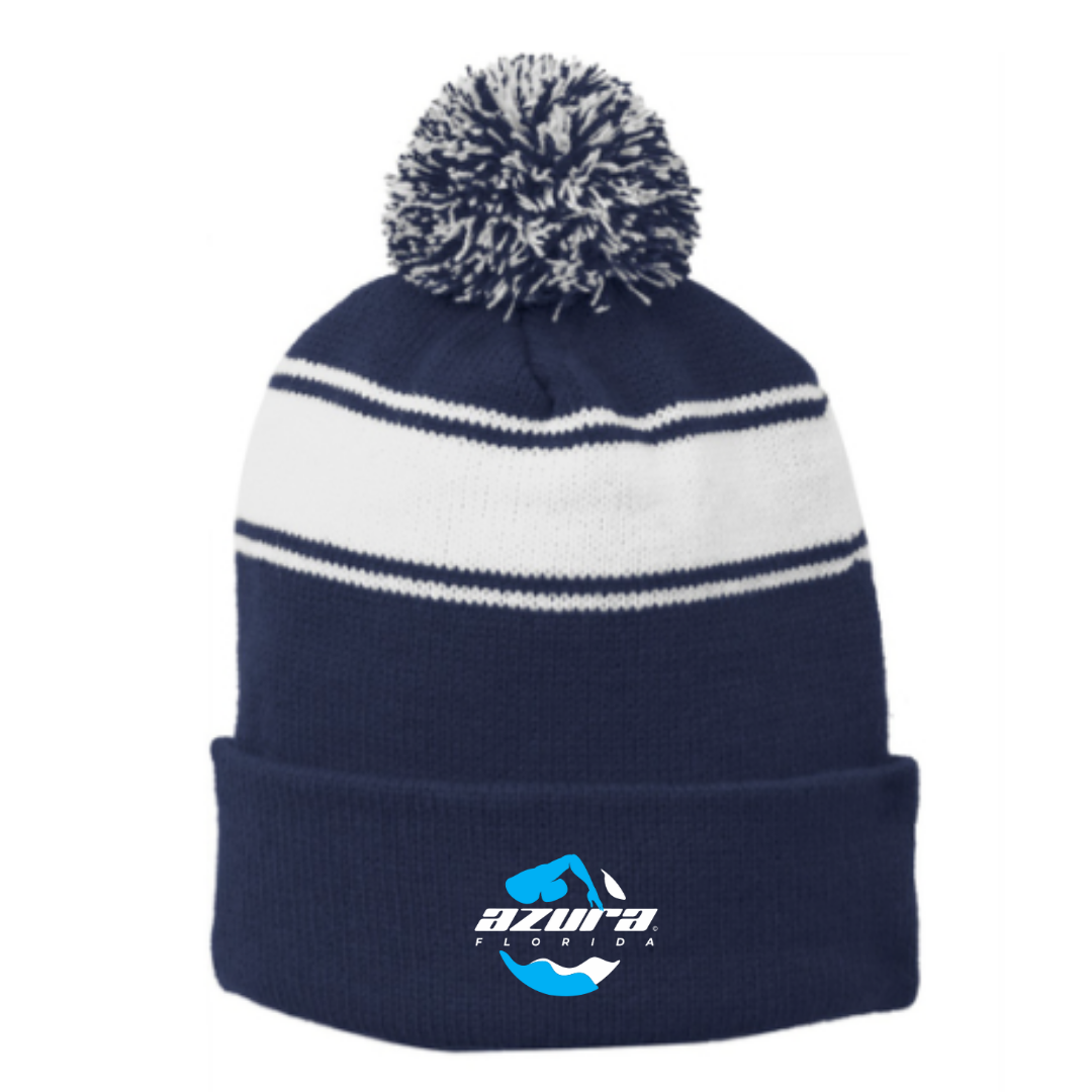 Striped Puff Ball Beanie (Embroidered) - Azura