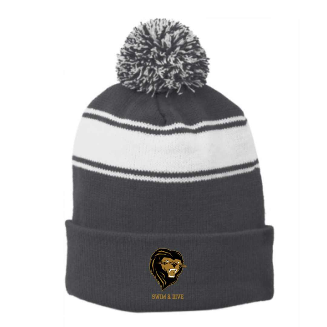 Striped Puff Ball Beanie (Embroidered) - Shelby High School
