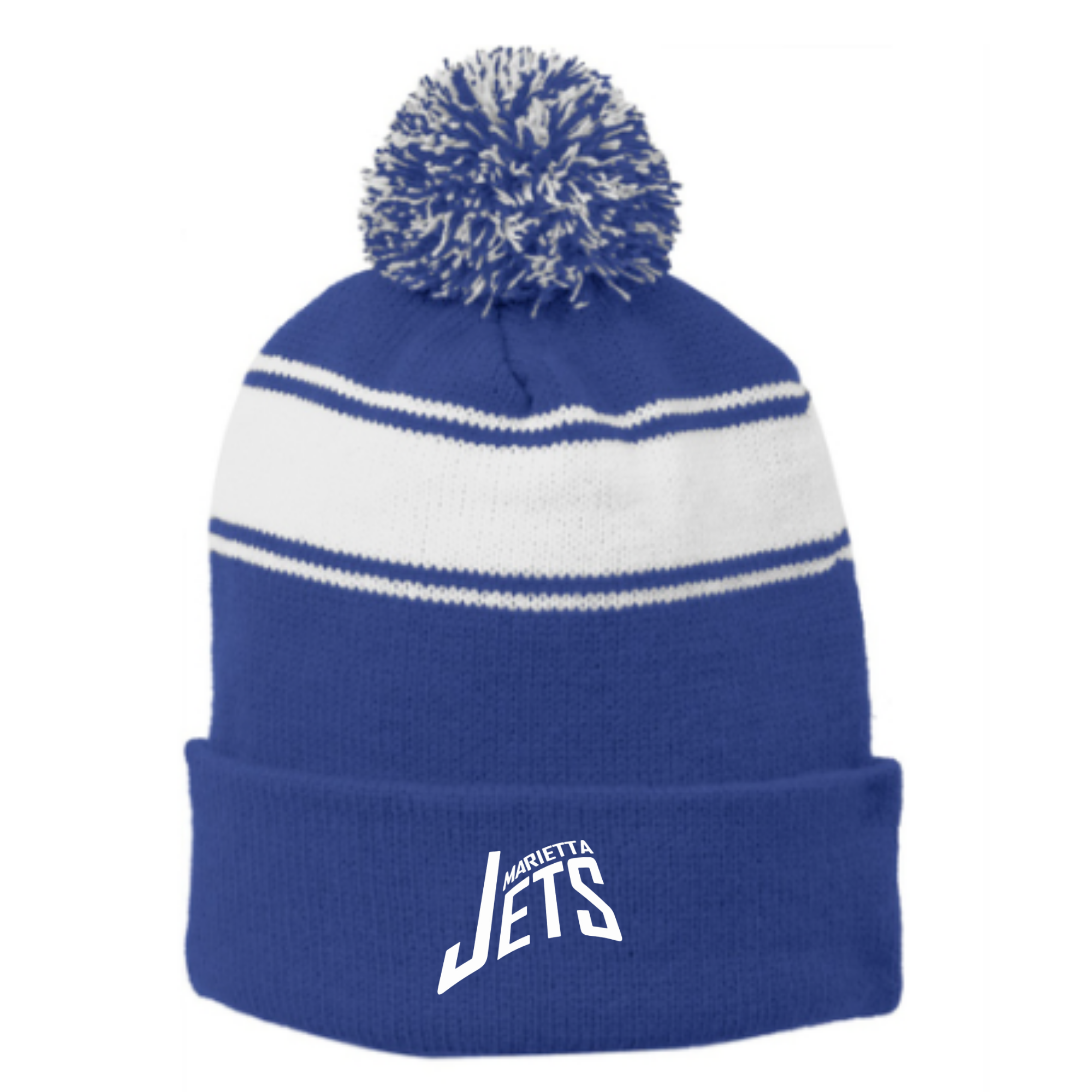 Striped Puff Ball Beanie (Embroidered) - Marietta Jets