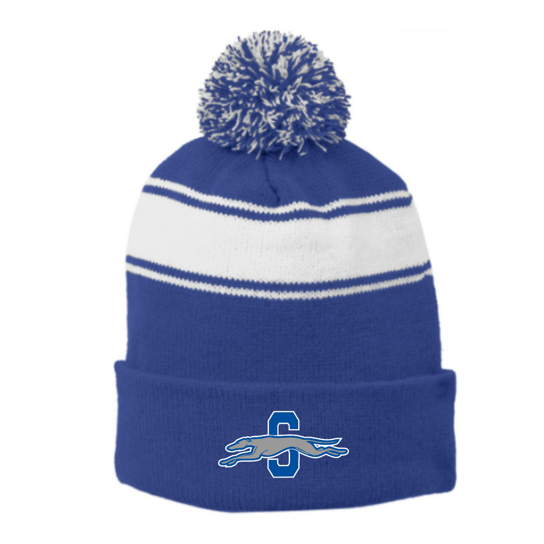 Striped Puff Ball Beanie (Embroidered) - Statesville