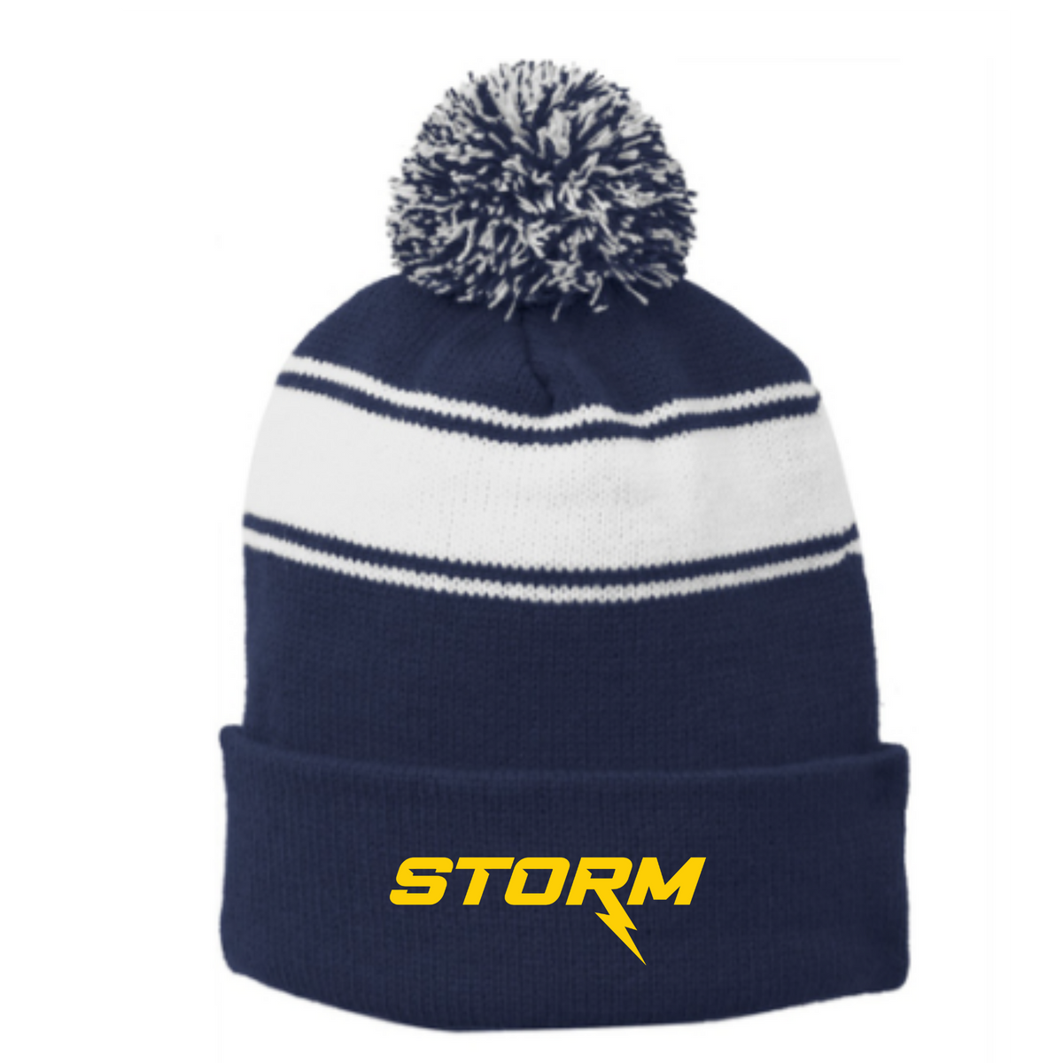 Striped Puff Ball Beanie (Embroidered) - Wellington Storm